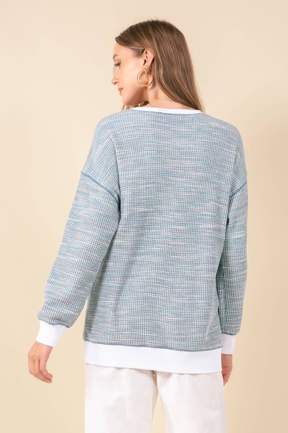 MULTI-COLORED WAFFLE KNIT DROP SHOULDER LONG SLEEVE - 44601T: RED MIX