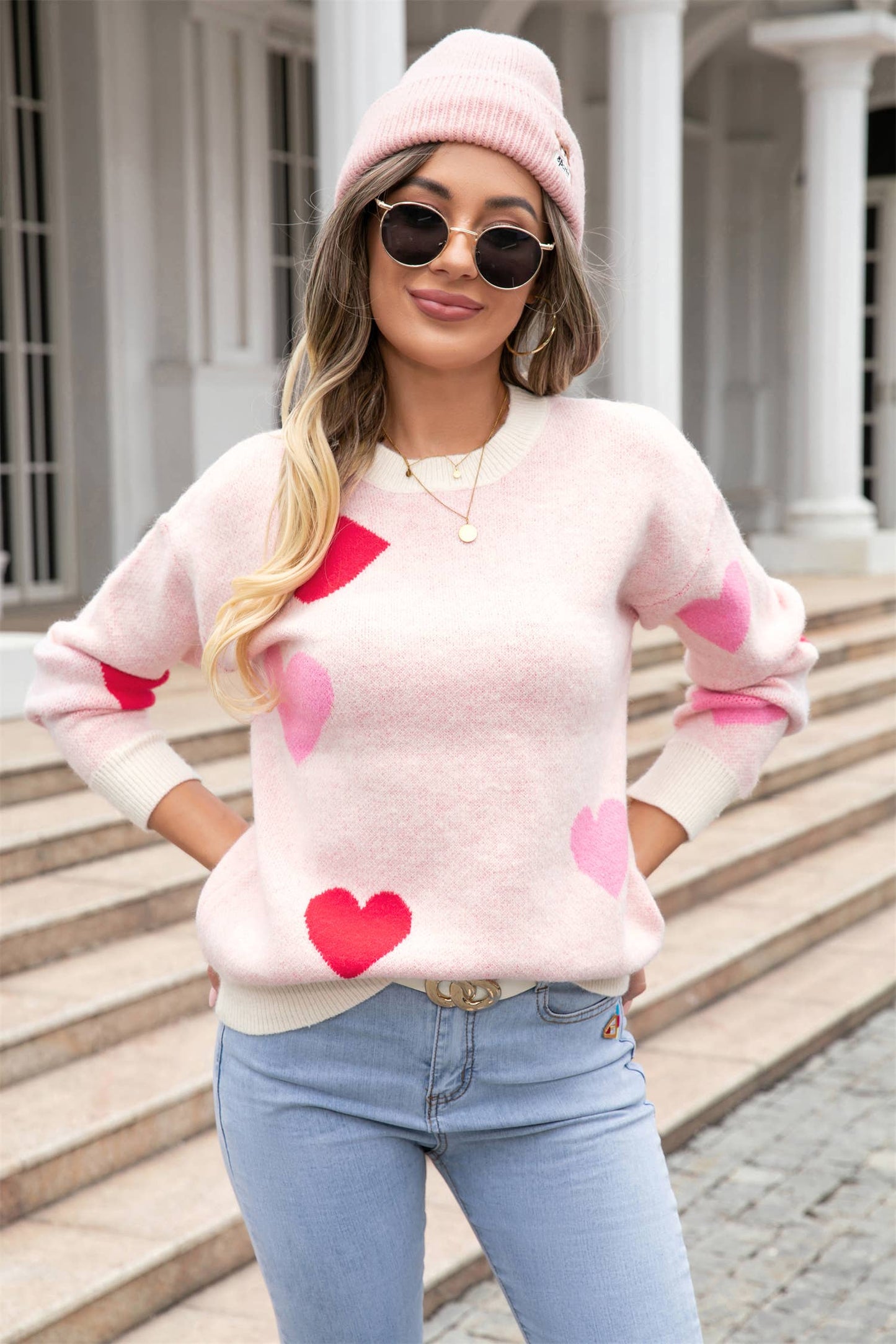 Heart Print Knit Sweater SZ53-SW9206: Black