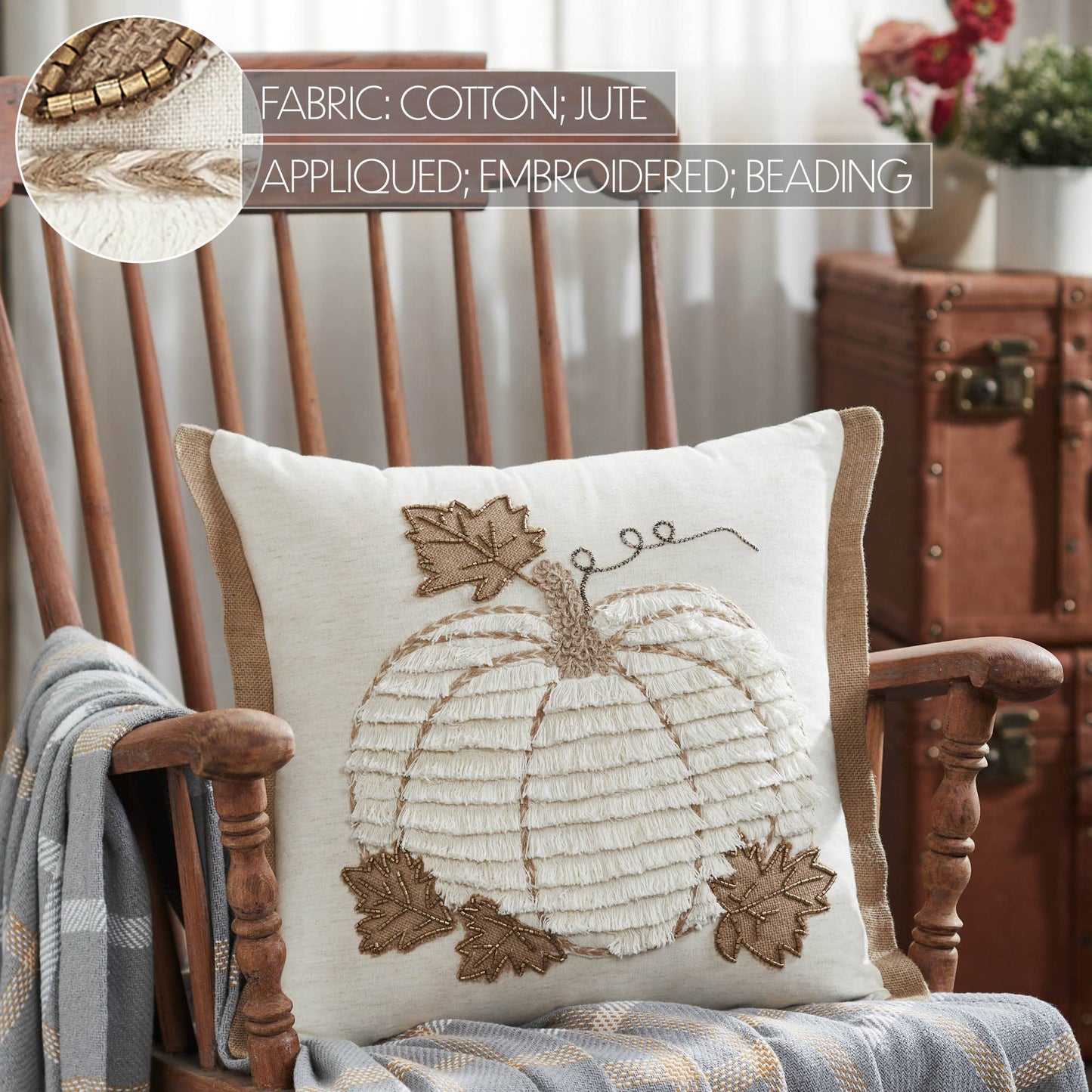Fall Harvest Farmhouse Embroidered Pumpkin Jute Flange Throw Pillow 18x18