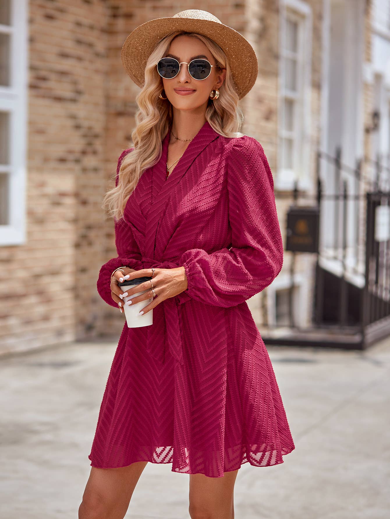 Sheer Chevron Belted Faux Wrap Dress Plum