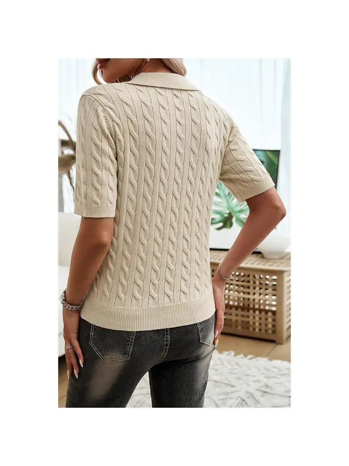 Cable Knit V Neck Short Sleeve Polo Collar Sweater