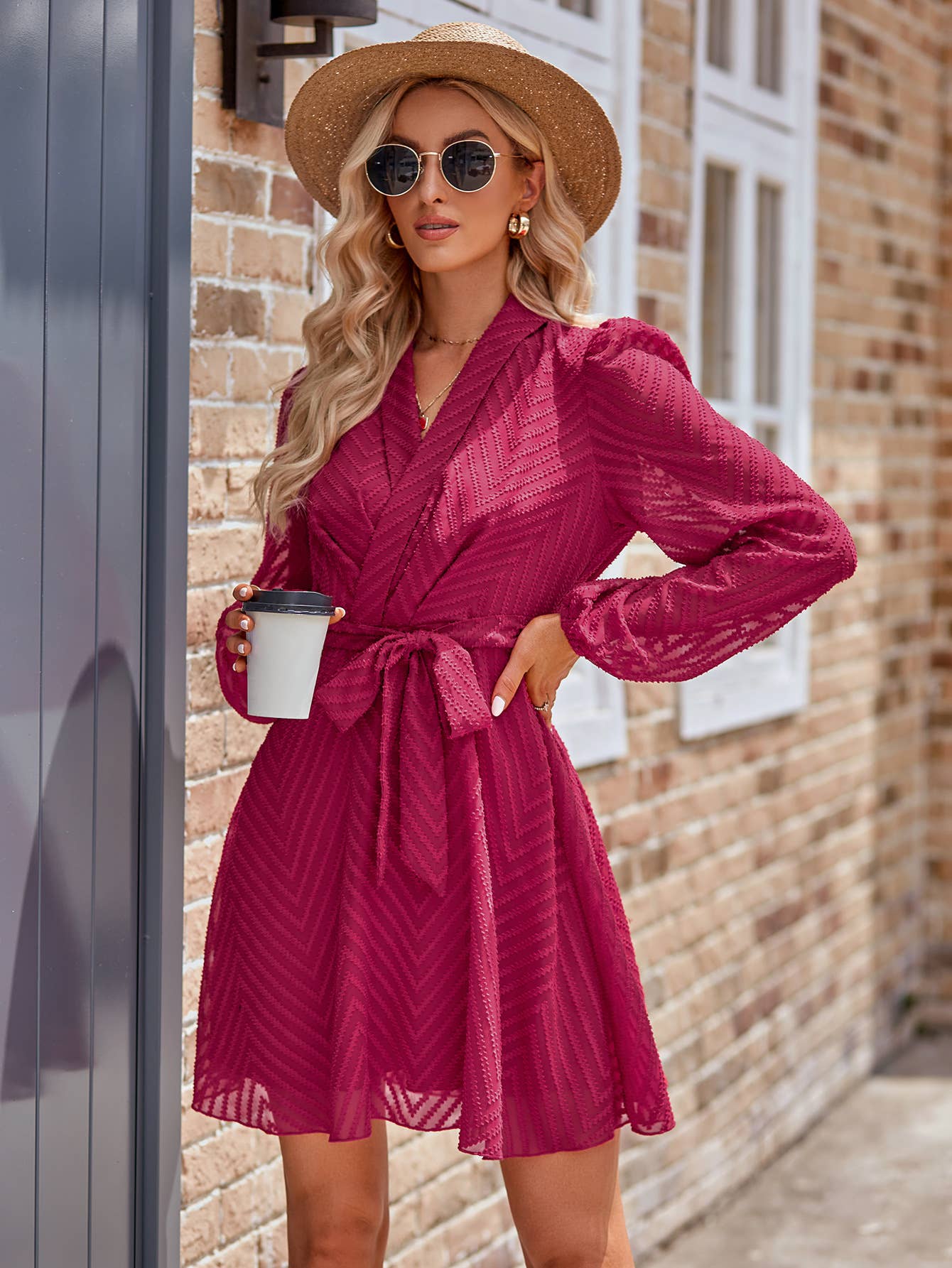 Sheer Chevron Belted Faux Wrap Dress Plum