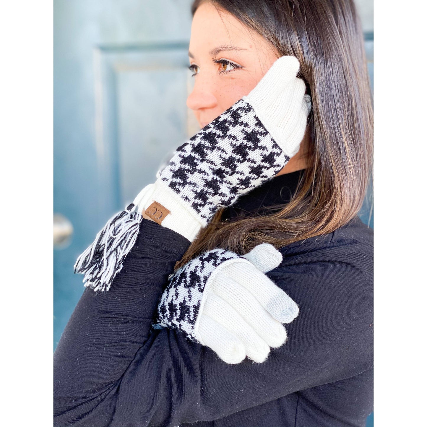 Houndstooth Cuffed CC Women's Gloves: Ivory