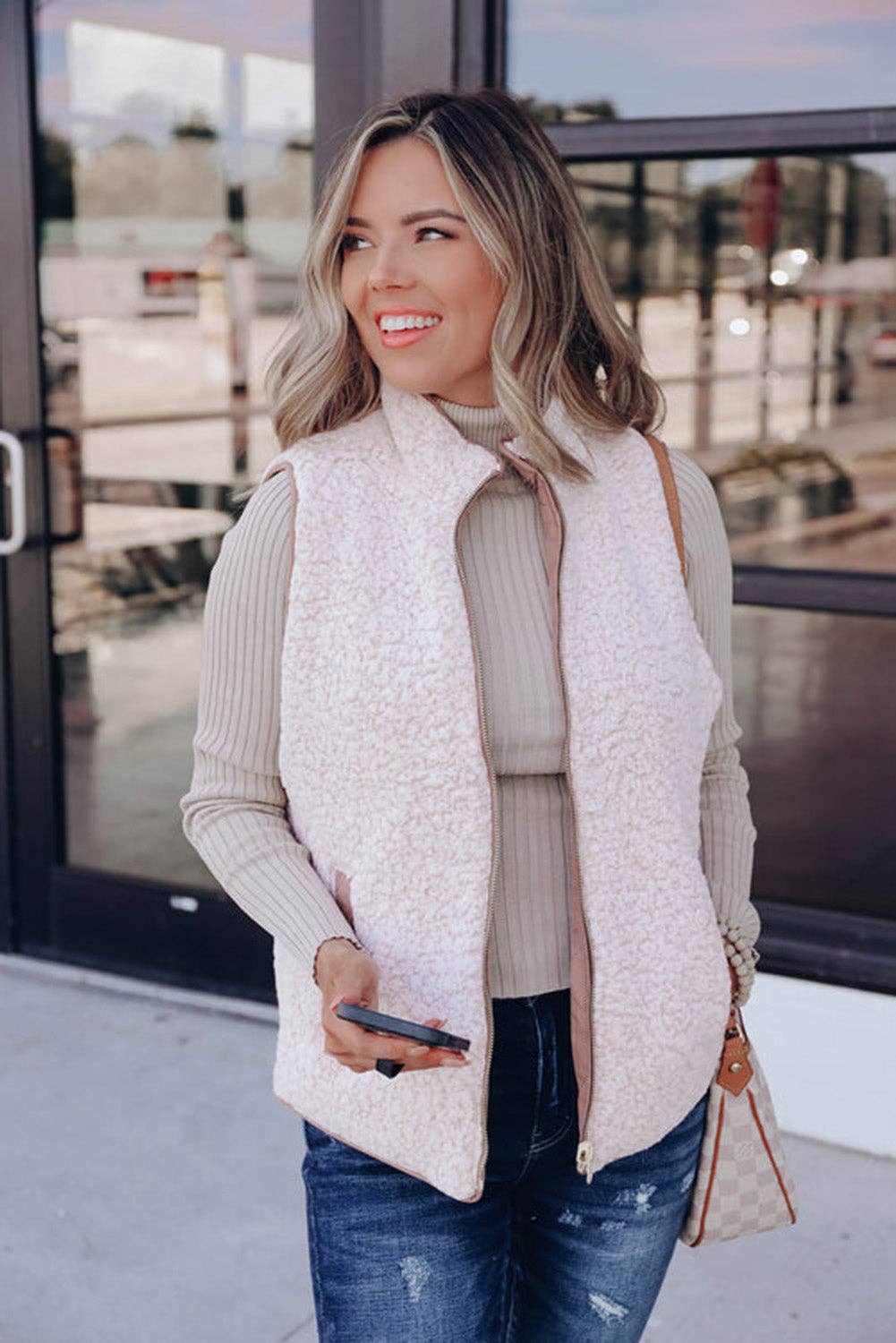 Pink Fleece Lined Quilted Vest Coats: Pink
