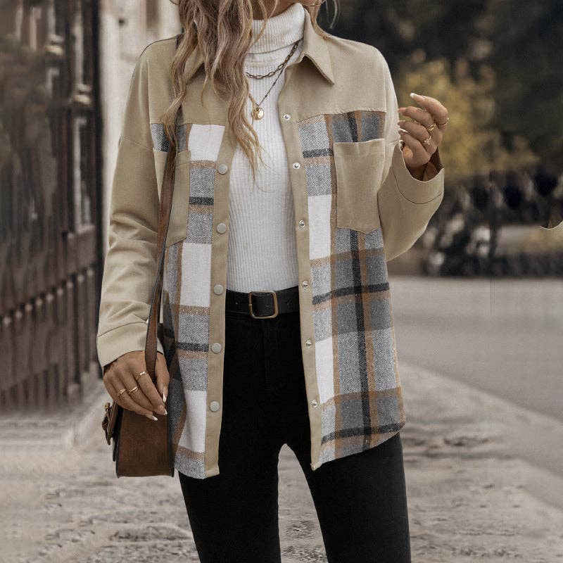 Lapel Plaid Long-sleeved Jacket Single-breasted: Khaki