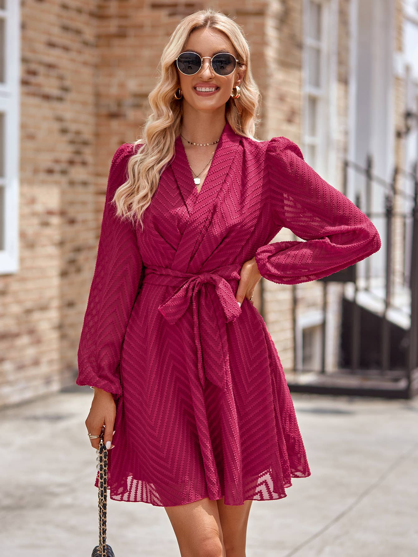 Sheer Chevron Belted Faux Wrap Dress Plum