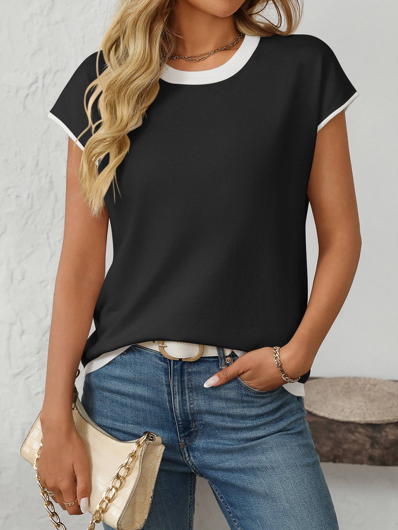 Two Tone Striped/Solid Short Sleeve Knit Top: Black