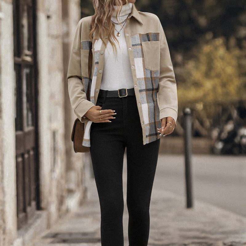 Lapel Plaid Long-sleeved Jacket Single-breasted: Khaki