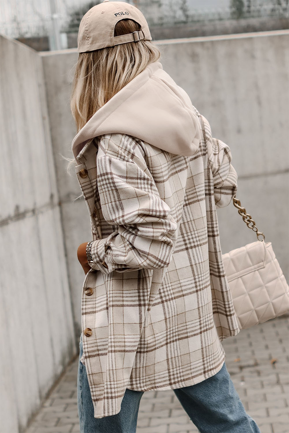Khaki Plaid Shirt emovable Hood Buttoned Shacket: Khaki / 100%Polyester /