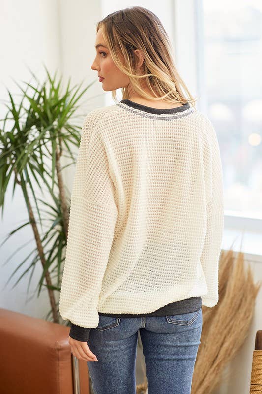 BELLE SOLID WAFFLE KNIT TOP: IVORY