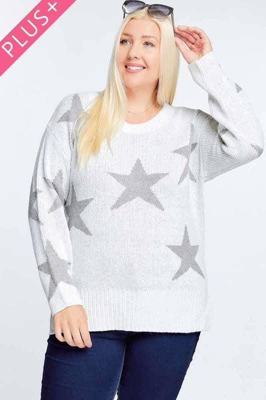 PLUS STAR PRINT LONG SLEEVE ROUND NECK SWEATER: Grey