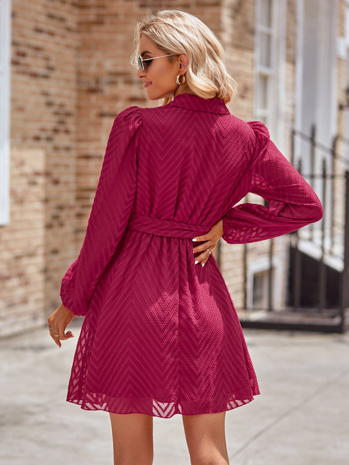 Sheer Chevron Belted Faux Wrap Dress Plum
