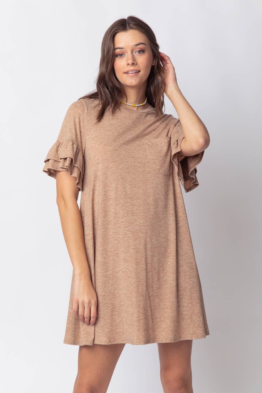ND30255-French Terry Pocket Tee Shirt Dress: TAUPE