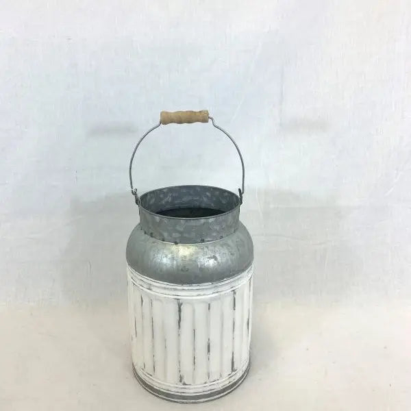 GALV & WHITE MILK CAN AND WOOD HANDLE