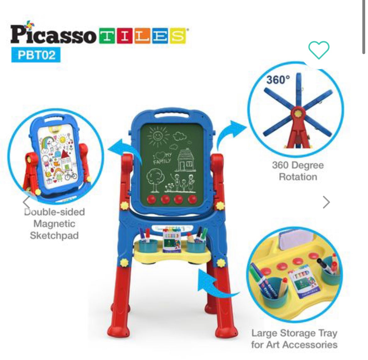 Picasso Tiles All-in-one Kids Art Easel Drawing Board, Chalkboard & Whiteboard With Art Accessories