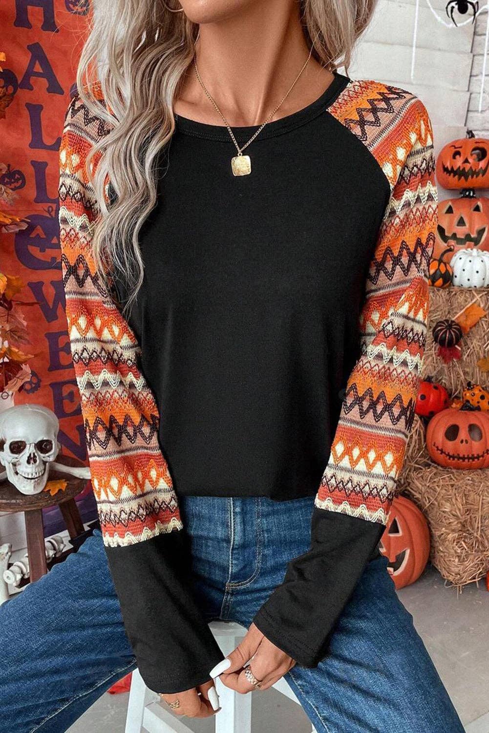 Orange Geo Print Raglan Patchwork Long Sleeve Tee: Orange / 65%Polyester+30%Viscose+5%Elastane / L