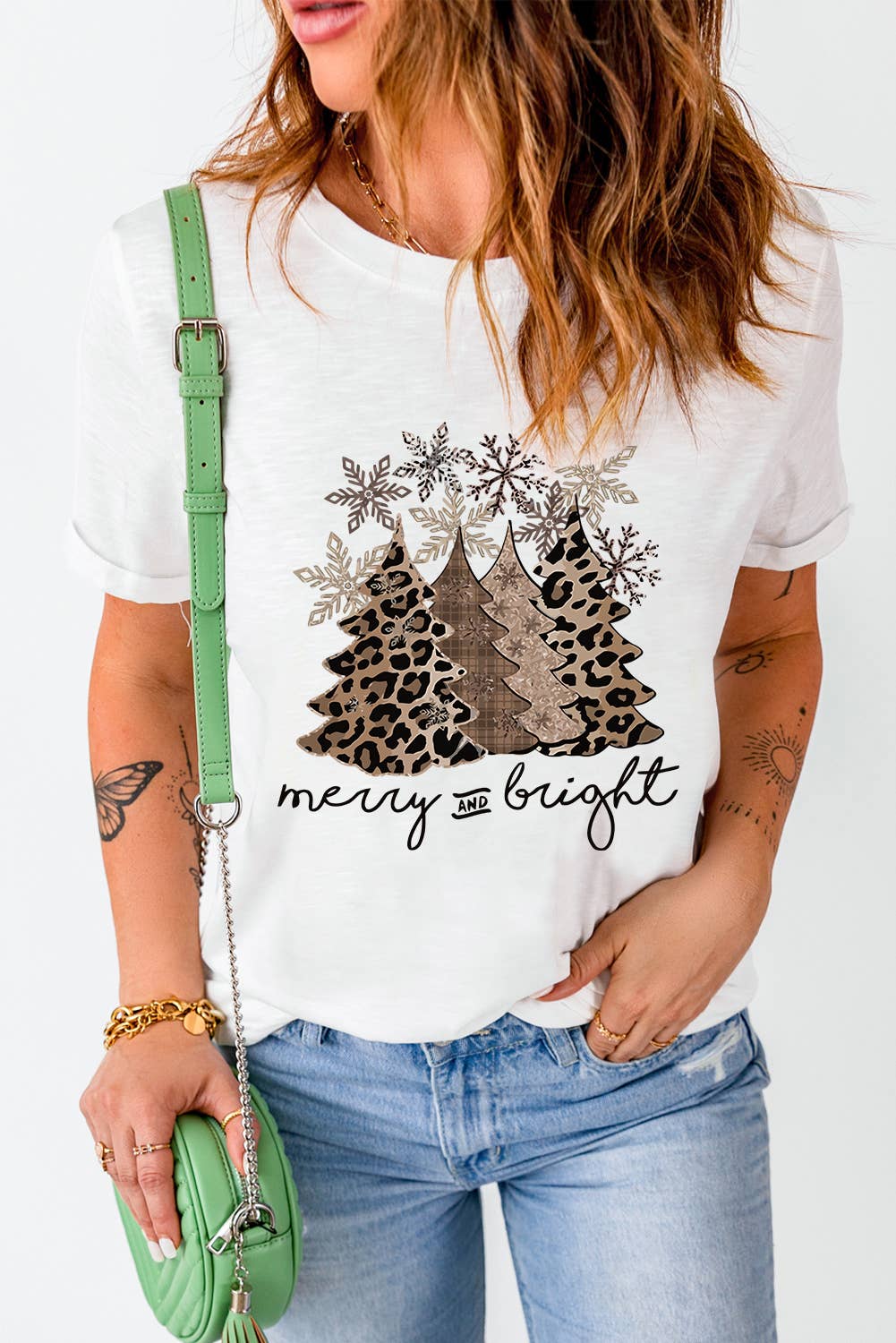 LDC Leopard Christmas Tree Graphic Crew Neck T Shirt: Black