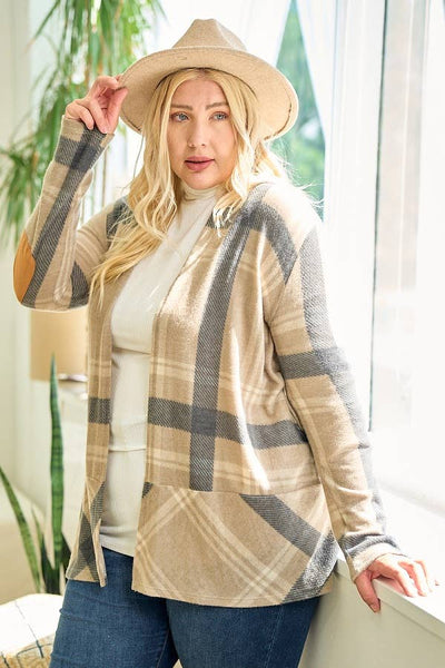 LMT2629PL-PLUS SIZE Hot Chocolate and Bon fired Plaid Cardi: TAUPE