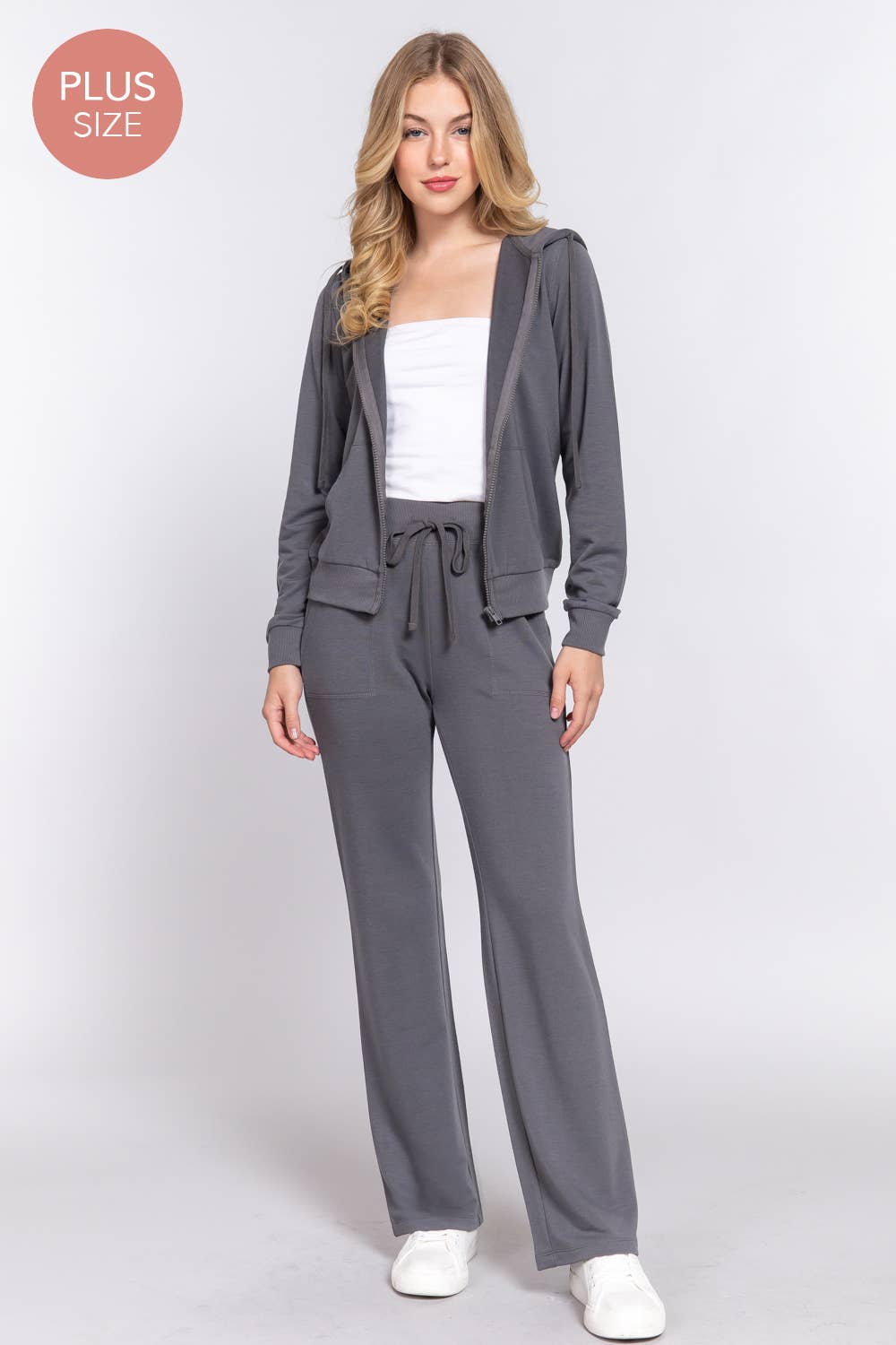 [PLUS SIZE] Long Slv Hoodie Jacket & Pants Sweatsuit Set  : IVY-cream