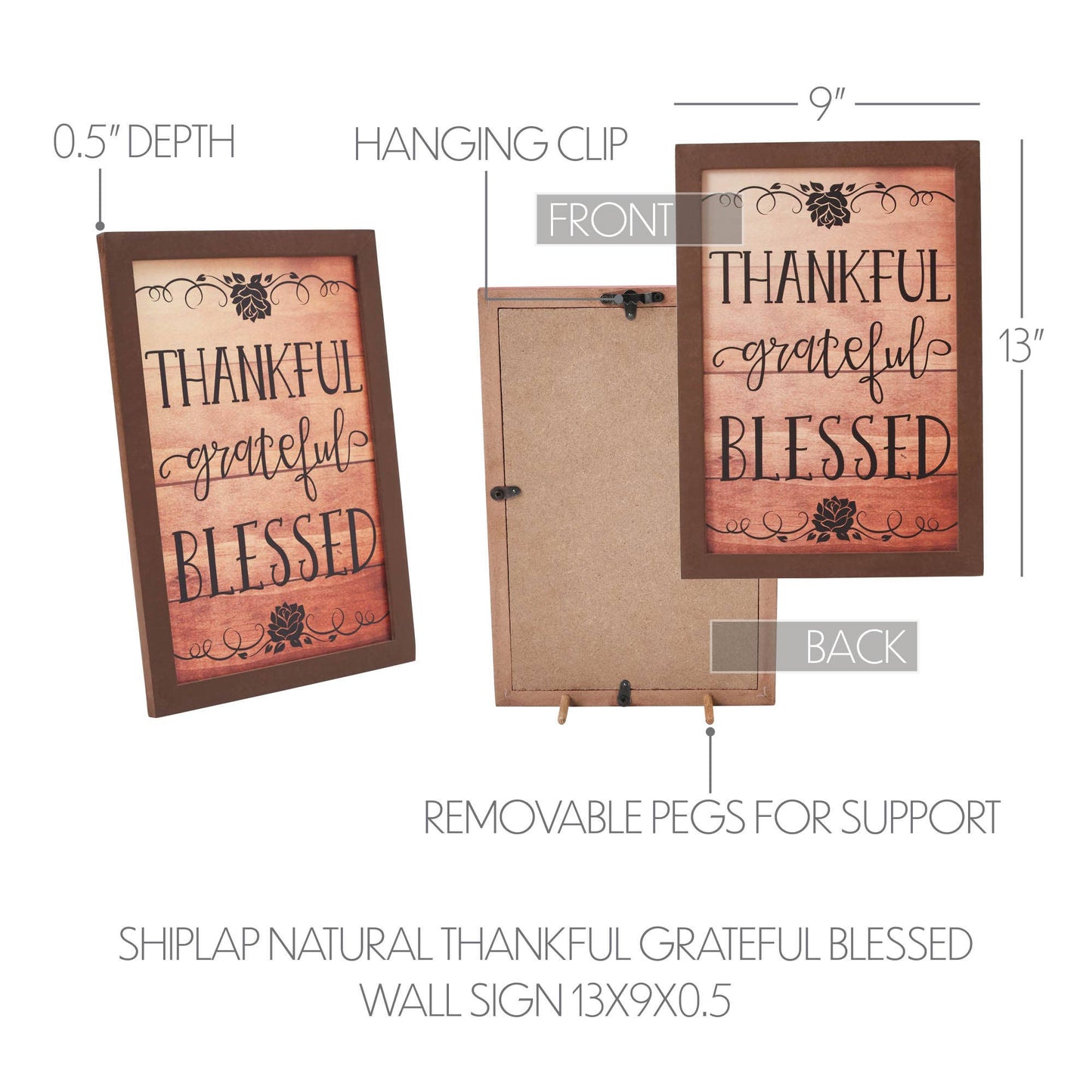Natural Shiplap Farmhouse Wall Sign - Thankful Grateful Blessed Inspirational Home Decor 13x9 Inch