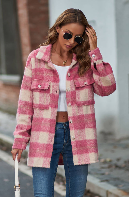 G5-JK6619 Fuzzy Plaid Button Down Shirt Jacket Shacket: Pink