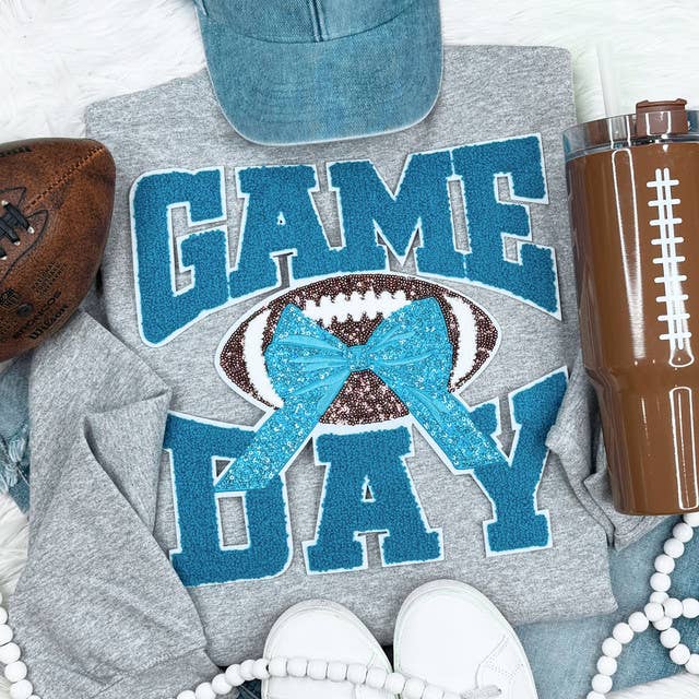 Trendy Tee Co. - Light Blue Chenille Football Game Day with Sequin Bow Patch Grey Crewneck Sweatshirt