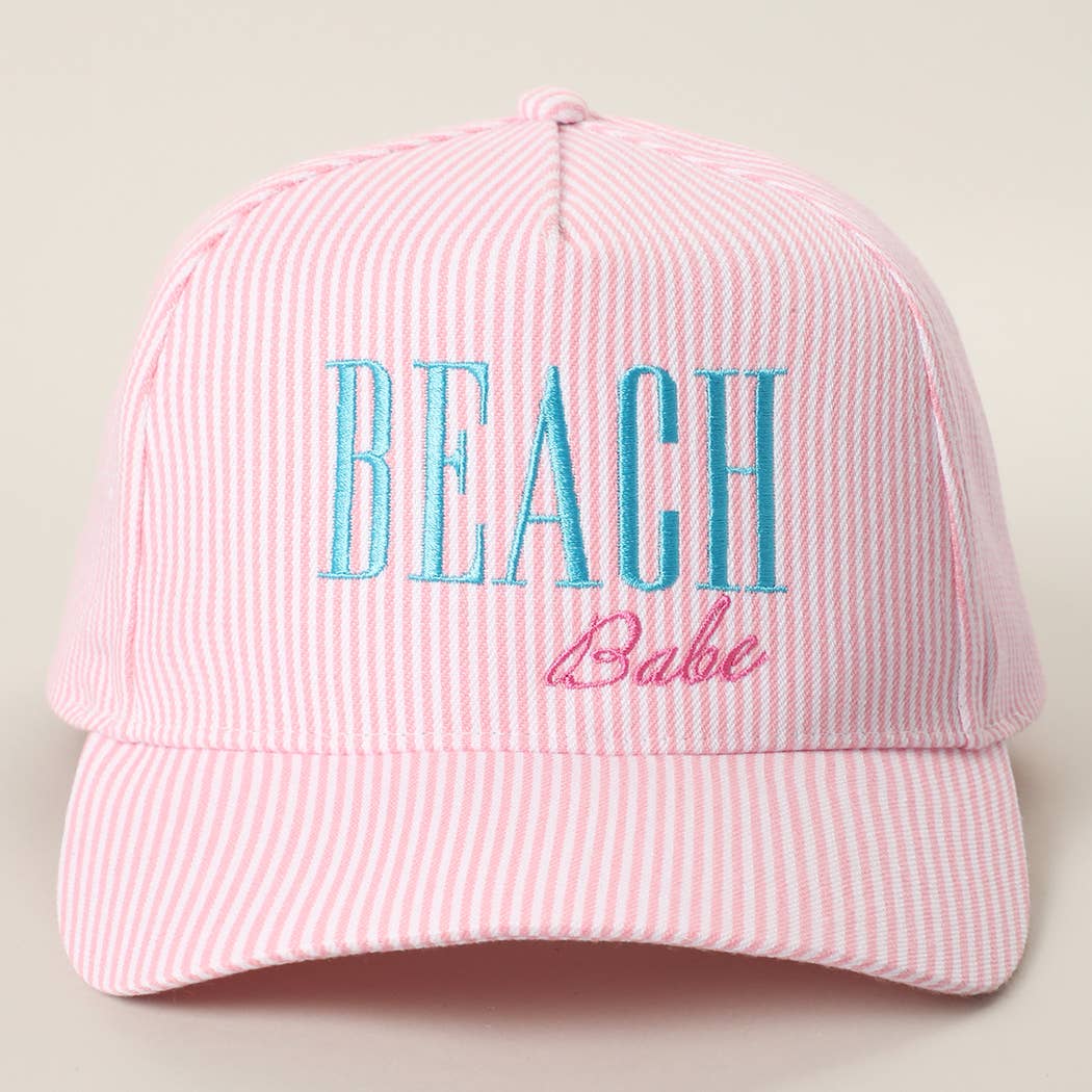 BEACH BABE Embroidered Seersucker Stripe Trucker Hat: PINK