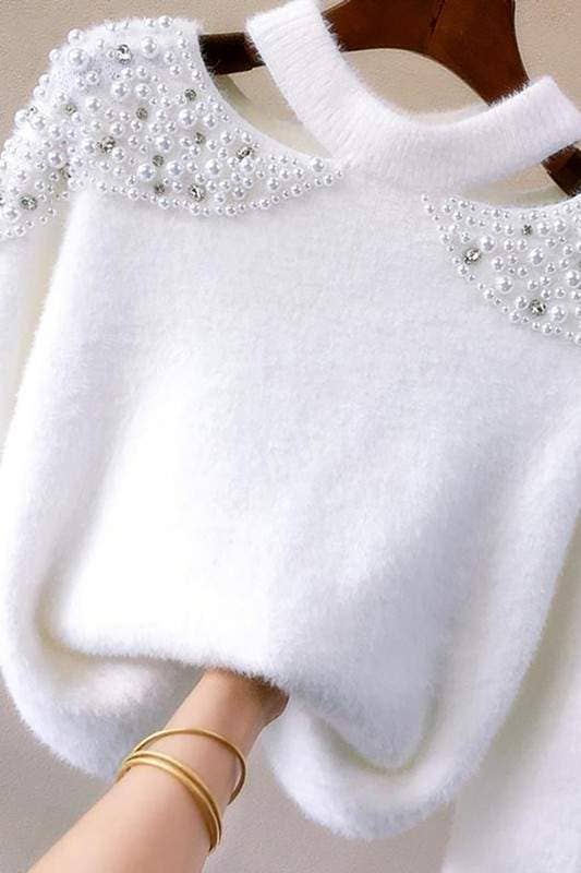 Cut out pearl shoulder sweater: WHITE