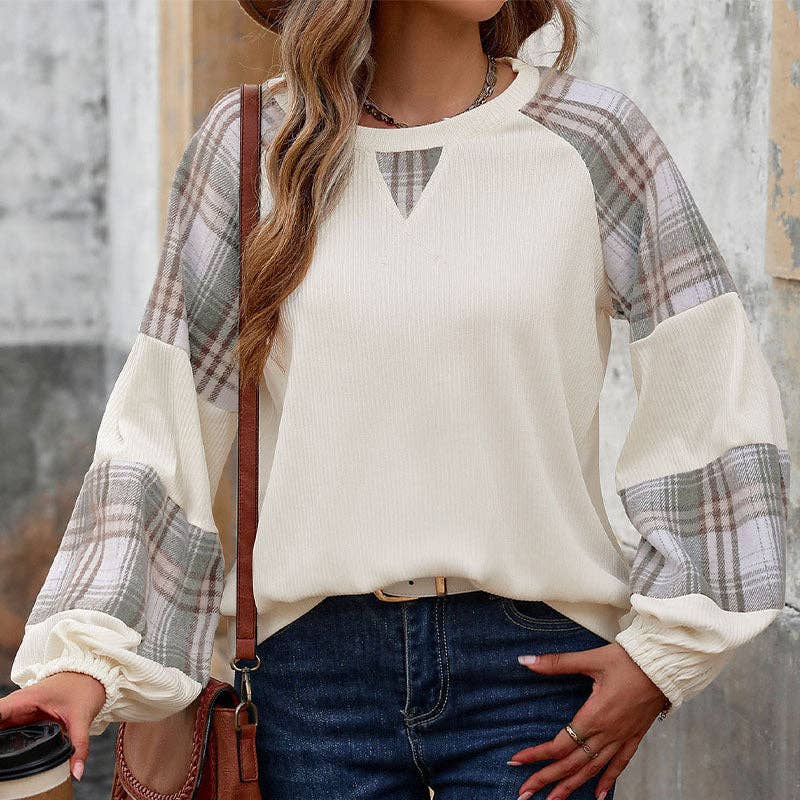 Plaid Contrasting Splicing Sweater Crew Neck Pullover Loose Top: Apricot