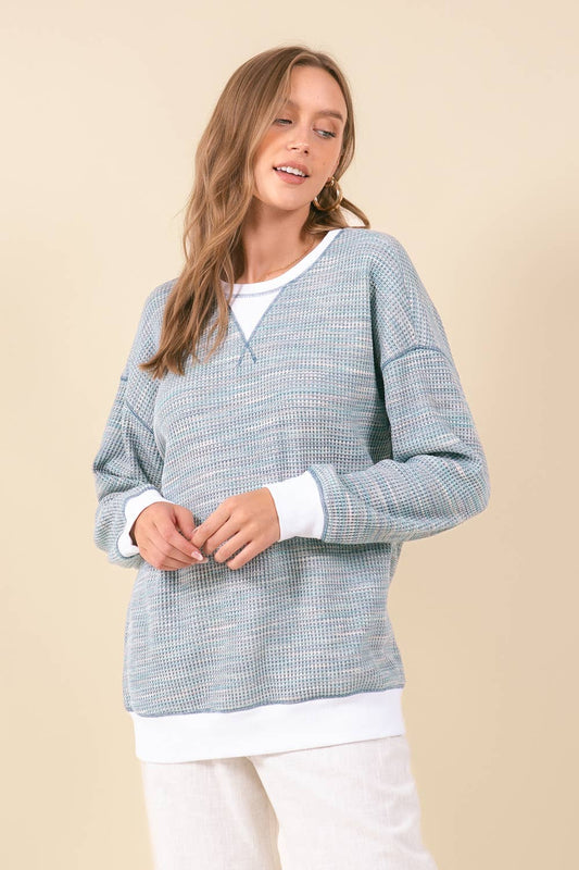 MULTI-COLORED WAFFLE KNIT DROP SHOULDER LONG SLEEVE - 44601T: TEAL MIX