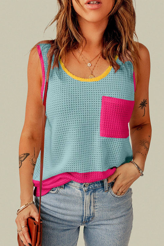 Colorblock Pocketed Knit Tank Top: Light Blue