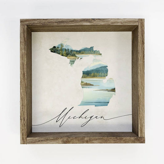 Michigan State Silhouette Painting - State Canvas Art : 11x11" Small Canvas Art with Wood Box Frame