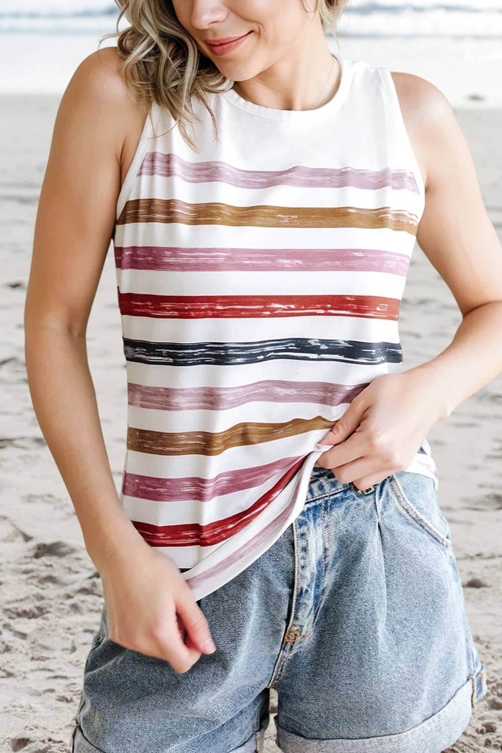Stripe Rainbow Round Neck Tank Top | S-XL: