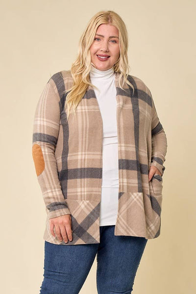 LMT2629PL-PLUS SIZE Hot Chocolate and Bon fired Plaid Cardi: TAUPE