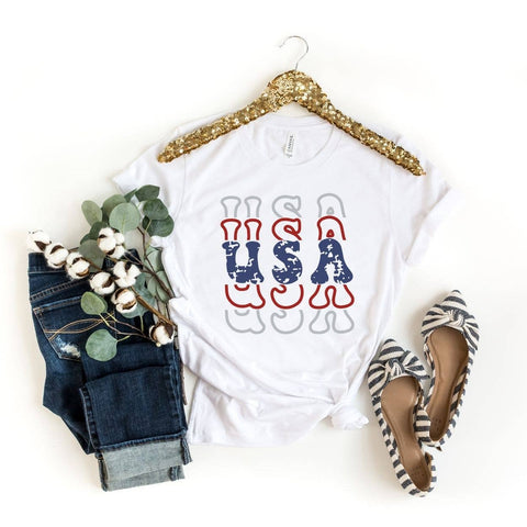 Stacked USA White Tee: Adult XS-2X