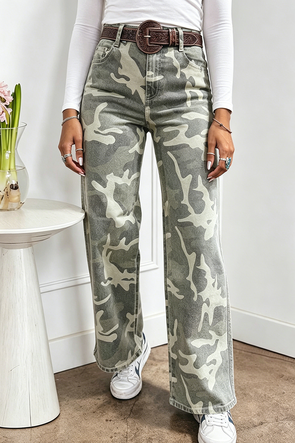 Camouflage Print Regular Fit Elastic Waist Jeans