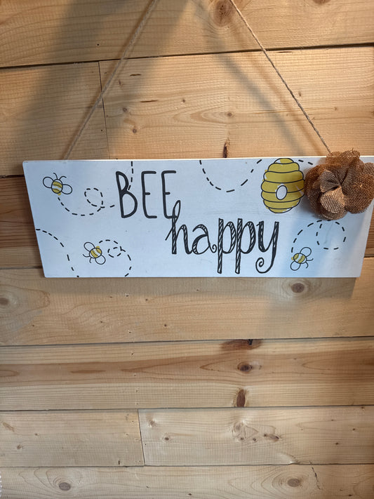 BEE happy Hanging Wood Sign