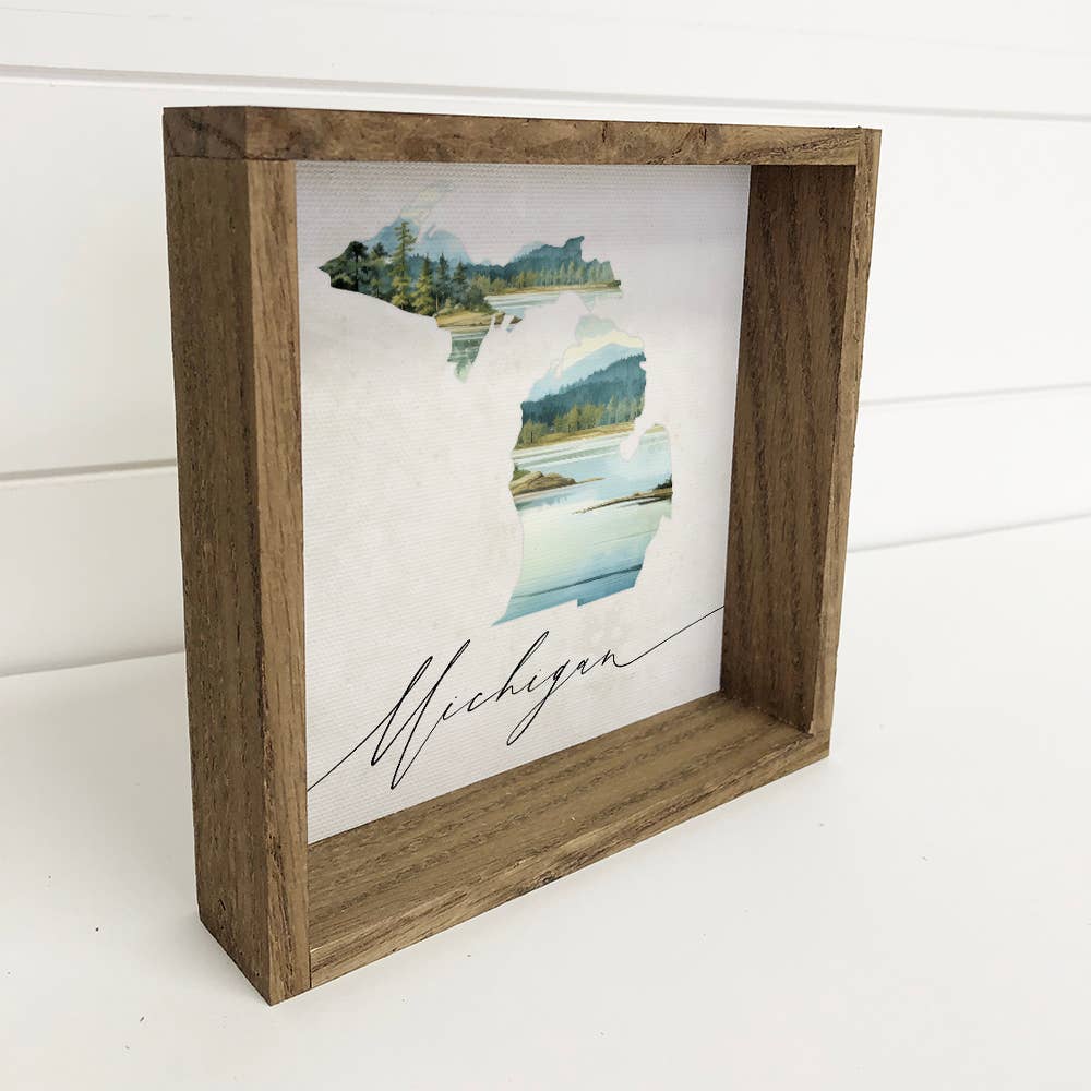 Michigan State Silhouette Painting - State Canvas Art : 11x11" Small Canvas Art with Wood Box Frame