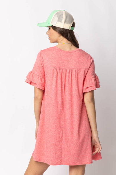 ND30255-French Terry Pocket Tee Shirt Dress: CORAL