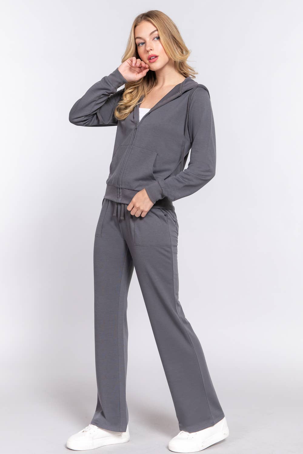 Long Sleeve Hoodie Jacket & Pants Sweatsuit Set  : charcoal