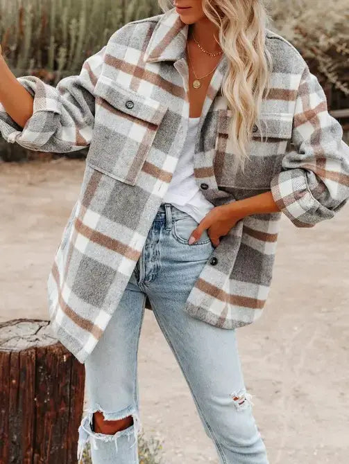 Light Gray Plaid Button Flannel Shirt Jacket