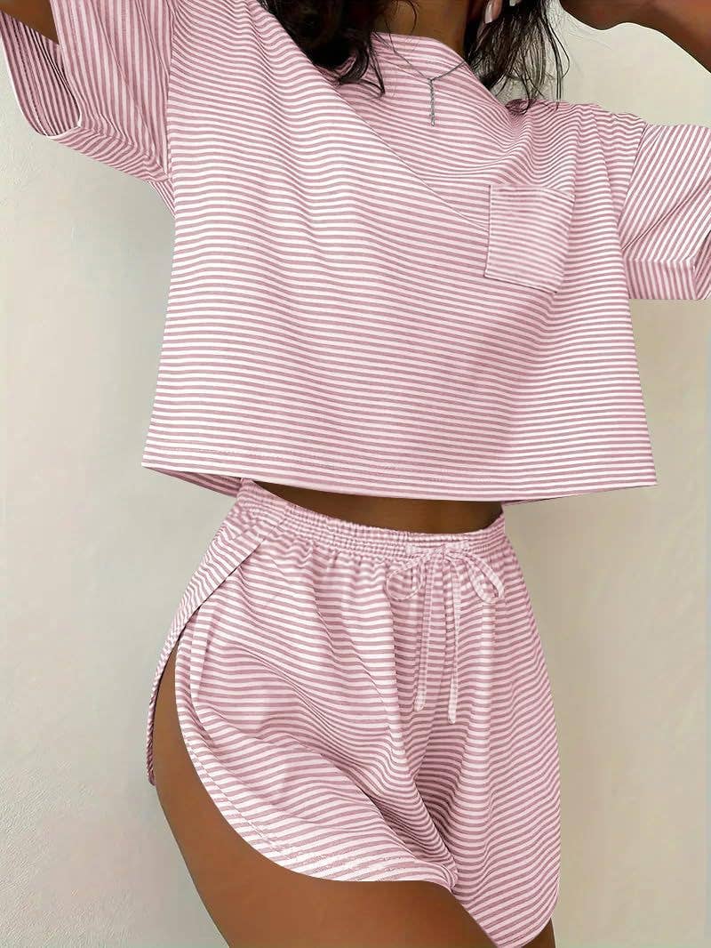 Pink Stripe Lounge Pajama Set Tee Top Drawstring Shorts: Pink Stripe