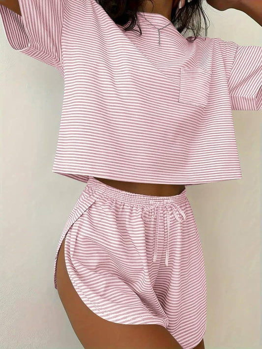 Pink Stripe Lounge Pajama Set Tee Top Drawstring Shorts: Pink Stripe