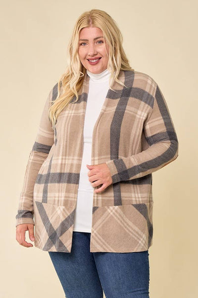 LMT2629PL-PLUS SIZE Hot Chocolate and Bon fired Plaid Cardi: TAUPE