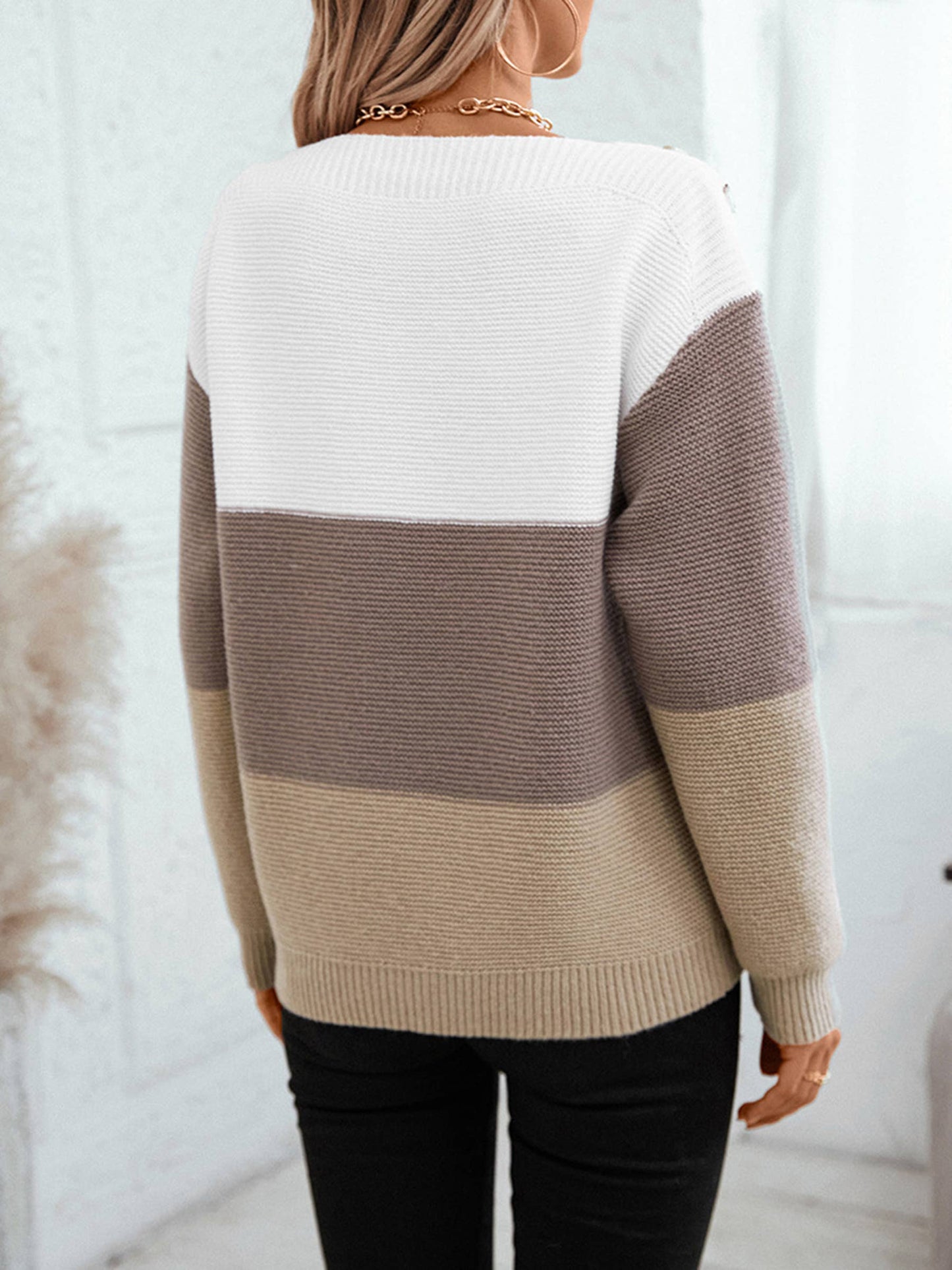 Loose Button Patchwork Contrasting Sweater: Brown
