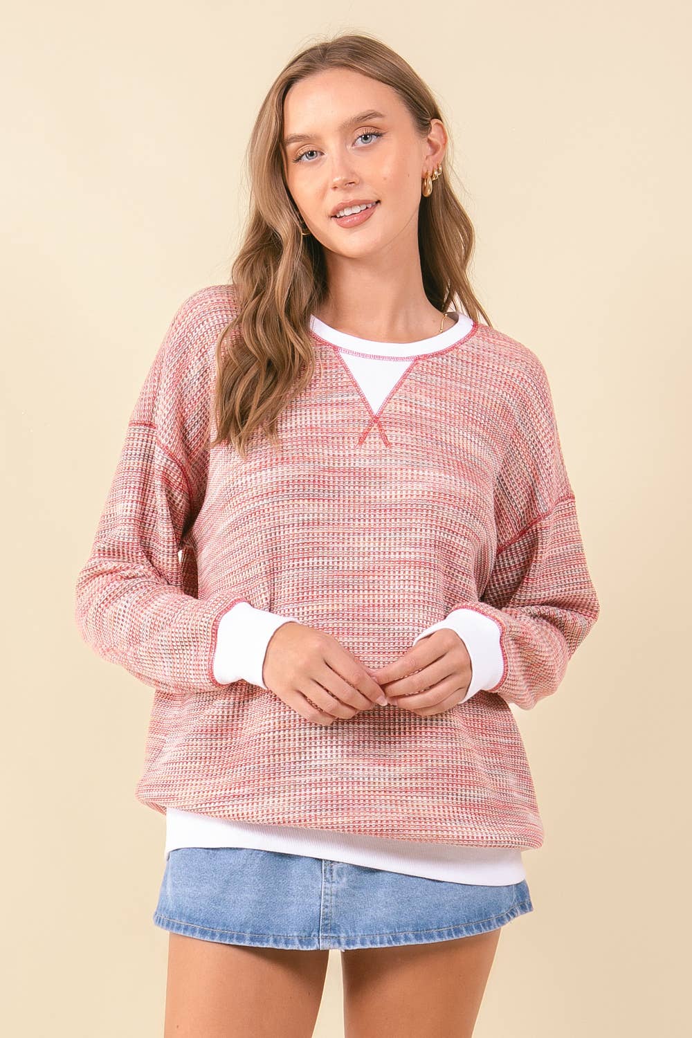 MULTI-COLORED WAFFLE KNIT DROP SHOULDER LONG SLEEVE - 44601T: TEAL MIX