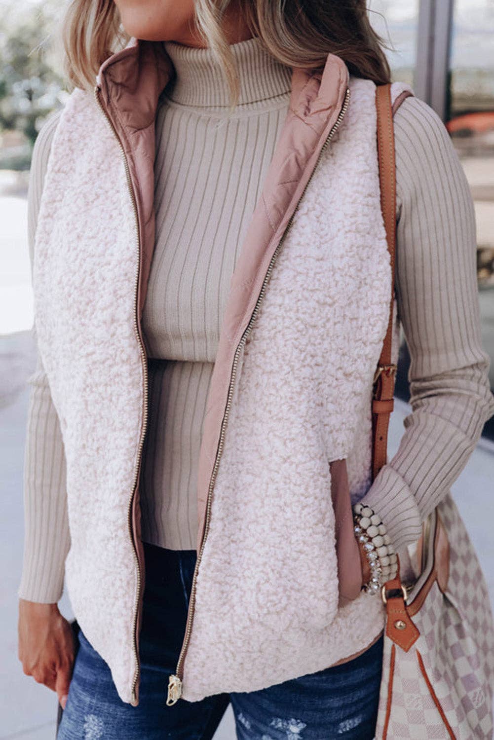 Pink Fleece Lined Quilted Vest Coats: Pink