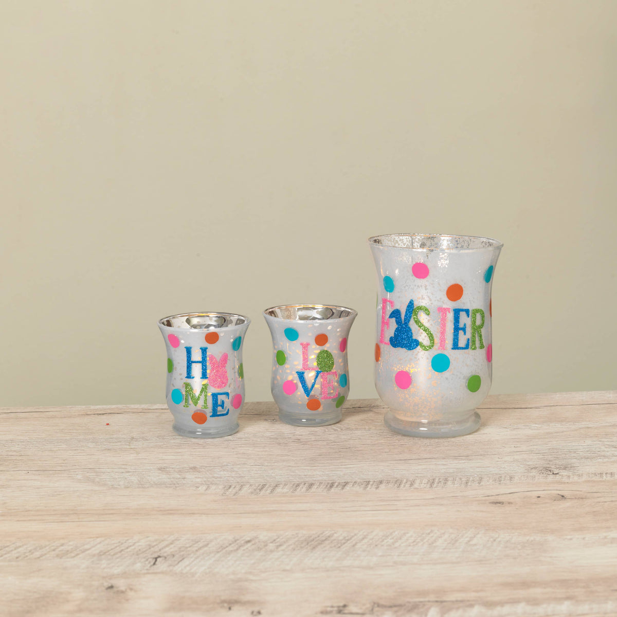 Set/3 Mercury Glass Easter Hurricane Candleholders