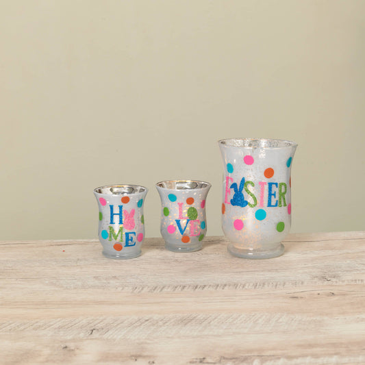 Set/3 Mercury Glass Easter Hurricane Candleholders