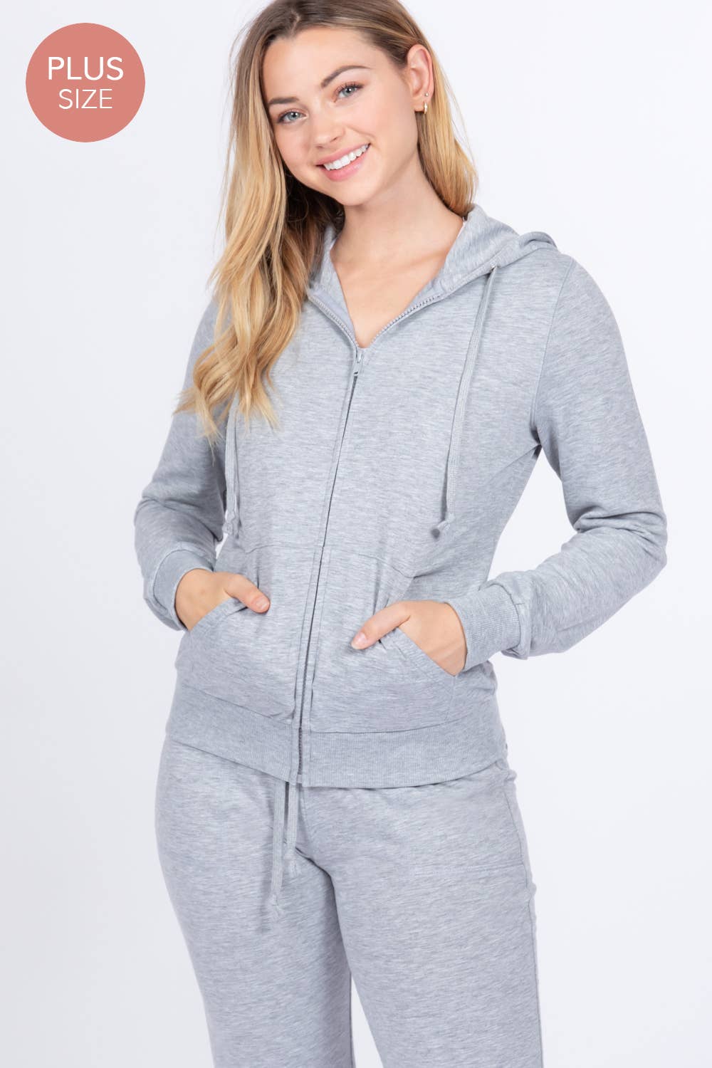 [PLUS SIZE] Long Slv Hoodie Jacket & Pants Sweatsuit Set  : IVY-cream
